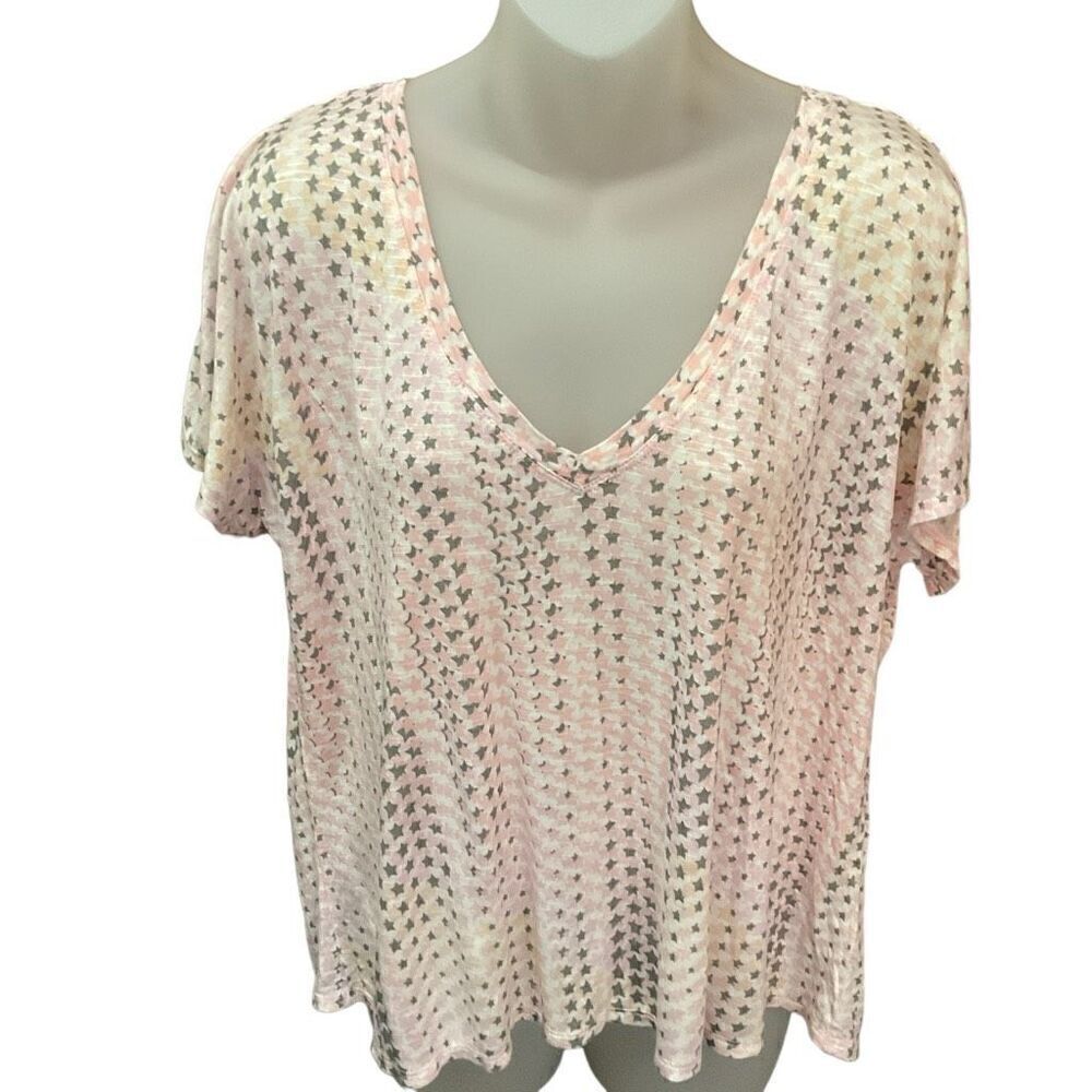 Aeropostale Sleepwear Top V-Neck Short Sleeve Pink Grey White Star Print Large